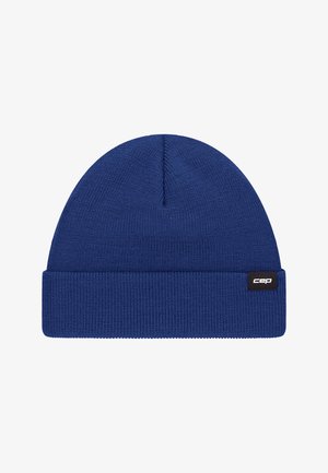 Blau gestrickte Mütze mit umgeschlagenem Bündchen und kleinem schwarzem Etikett mit weißem "cep" Text auf der rechten Seite des Bündchens.