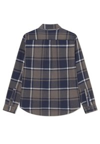 Geruite button-up shirt in marineblauw, bruin en wit, met lange mouwen, een kraag en een afgeronde zoom met verticale naaddetails.