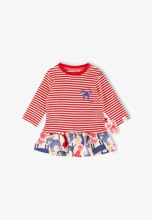 Robe bébé à manches longues rayée rouge et blanche avec des motifs de chats bleus et roses sur le volant inférieur et un petit chat bleu sur la poitrine.