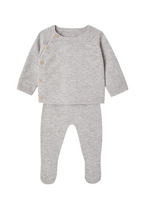 Soft gray baby outfit with long-sleeve top featuring diagonal wooden buttons and matching footed pants.