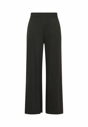Pantalon large vert foncé en tissu doux et extensible. Caractérisé par une taille haute et des coutures invisibles. Design simple et sans ornements.