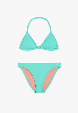 Türoquois-Bikini-Set mit einem dreieckigen Oberteil und passendem Unterteil. Das Innere des Unterteils hat eine dezente pfirsichfarbige Fütterung. Glatte Textur.