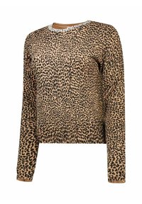 Lange mouwen leopard-print trui met geribbelde manchetten en zoom, voorzien van een ronde halslijn versierd met heldere rhinestones.