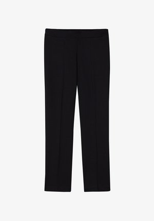Pantalon noir droit avec une coupe ajustée et un devant plat, doté d'une ceinture taille moyenne et sans poches ni ornements visibles.