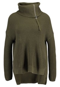 Maglione a collo alto in verde oliva, lavorato a maglia con mezza zip, caratterizzato da un fit ampio, maniche lunghe e due tasche frontali.
