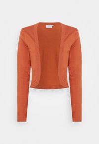 Kort cardigan i varm orange, tillverkad av mjukt stickat material, med långa ärmar och en öppen frontdesign utan knäppningar.