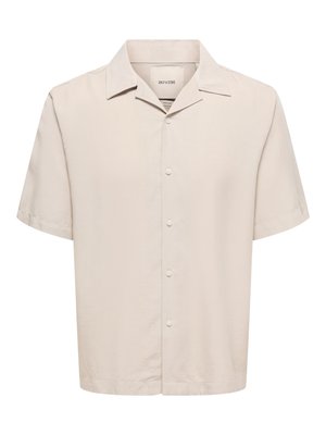 Chemise beige à manches courtes avec boutons, col camp et coupe régulière, étiquetée "Only & Sons."