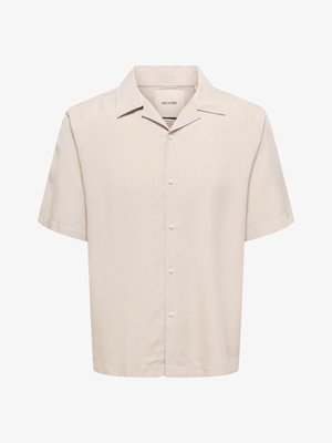 Chemise beige à manches courtes avec boutons, col camp et coupe régulière, étiquetée "Only & Sons."