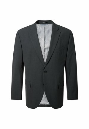 Dunkelgrauer Anzugjacke mit Revers, zwei vorderen Taschen, Ein-Knopf-Verschluss und einem gemusterten hellgrauen Futter. Glatte Stoffstruktur.