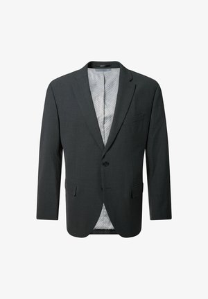 Donkergrijze colbert met notch-lapels, twee voorzakken, sluiting met één knop en een gestreepte lichtgrijze voering. Glad textuur van de stof.