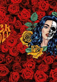 Conception graphique présentant un visage divisé ; un côté humain, un côté crâne, entouré de roses jaunes et d'un fond de roses rouges. Texte : "Rock & Roll."