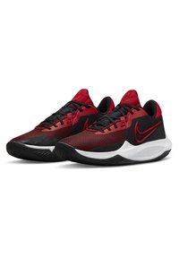 Czerwono-czarne buty sportowe z teksturowanym cholewką, czarnymi sznurowadłami i białą podeszwą środkową. Charakteryzują się wyraźnym czerwonym logo Swoosh po boku.