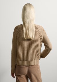 Maglione beige lavorato a maglia con texture a costine, dotato di scollatura rotonda e maniche lunghe. Design semplice con orlo a costine aderente. Vestibilità casual.