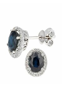 Ovaalsed kõrvarõngad, millel on tumesinine kivi ümbritsetud väikeste läbipaistvate kivikestega, paigutatud hõbedasesse metallisse, millel on poleeritud viimistlus.