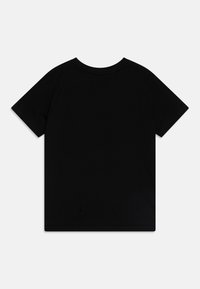 Black cotton t-shirt with short sleeves, round neckline, and a simple design. Smooth texture with no patterns or accents visible.