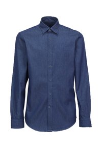 Camicia button-up blu scuro con maniche lunghe, colletto a punta e una texture sottile. Presenta un piccolo logo ricamato sul petto.