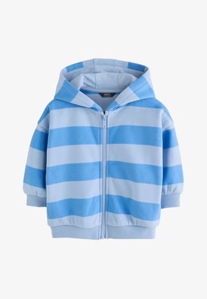 Baby-hoodie med brede, vandrette lyse og mellemblå striber, forreste lynlås, ribstrikkede manchetter og hætte.
