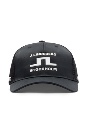 Cappellino da baseball nero con logo bianco J.LINDEBERG Stockholm e pannelli in rete ai lati.