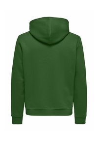 Felpa verde con cappuccio realizzata in tessuto morbido, dotata di una tasca a marsupio e polsini a coste per una vestibilità sicura, con una texture liscia.