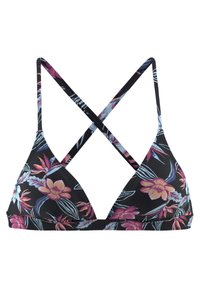Zwarte bloemenbikini top met driehoekige cups. Kenmerkt kleurrijke bloemen- en loofpatronen, verstelbare gekruiste banden en een naadloze afwerking.