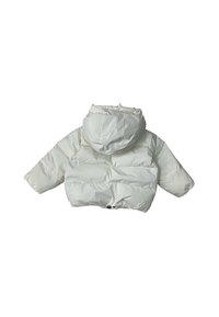Giacca puffer bianca con cappuccio, maniche lunghe e taglio corto, mostrata da dietro su uno sfondo bianco.