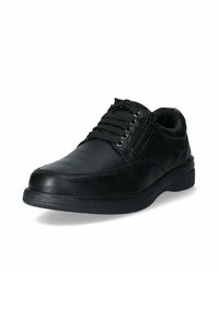 Scarpa in pelle nera con punta tonda, design con lacci e zip laterale. Presenta una finitura texturizzata e una suola in gomma resistente per una maggiore durata.