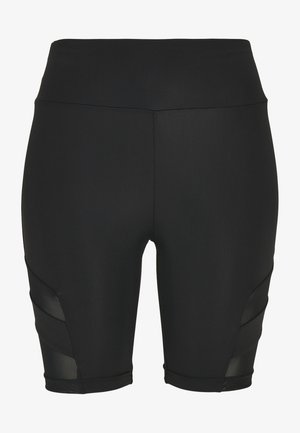 Melnas sporta bikses ar augstu jostasvietu, kurām sānos ir sieta paneļi, izgatavotas no elastīga auduma. Gluda tekstūra, pieguļoša dizaina.