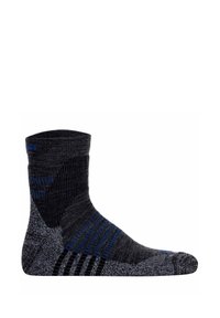 Gray and blue patterned sock with a ribbed top. Reinforced heel and toe, featuring a blend of textures and colors for added support.