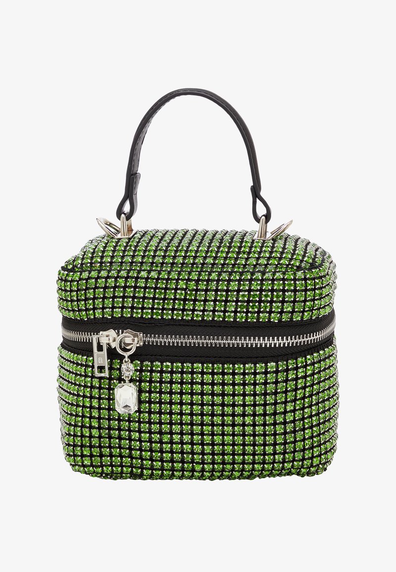 Borsa a mano quadrata rivestita di strass verdi, con chiusura lampo, dettagli neri e un manico corto. Include hardware in argento.