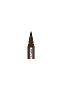 Schwarzer Eyeliner-Stift mit feiner Spitze, präsentiert in einem rechteckigen braunen Behälter mit einem hellrosa Etikett.