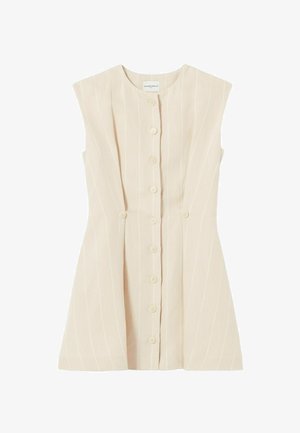 Vestido sin mangas beige con rayas blancas verticales, corpiño estructurado, cierre frontal con botones y falda acampanada. La tela parece texturizada.