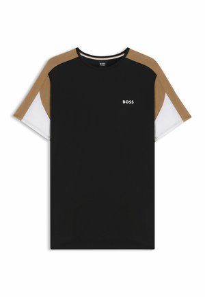 SchwarzT-Shirt mit beige- und weißfarbigen, blockierten Ärmeln. Verfügt über das "BOSS"-Logo auf der Vorderseite. Hergestellt aus hochwertigem Baumwollstoff. Kurzärmliges Design.