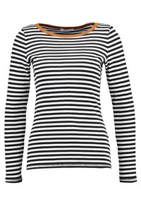 Maglietta a maniche lunghe con righe orizzontali in bianco e nero e un colletto marrone a contrasto. Realizzata in un tessuto morbido e elasticizzato.