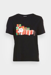 Svart bomulls t-shirt med en glittrande jultomte-design omgiven av färgglada inslagna presenter. Kort ärm och rund nacke.