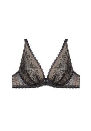 Black lace bralette featuring a floral pattern, triangular cups, scalloped edges, and adjustable straps. Soft fabric with a sheer texture.