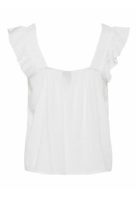 Blouse blanche sans manches avec bretelles volantées et encolure carrée, en tissu léger.