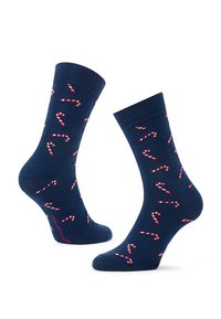 Skarpety w kolorze granatowym z wzorem w czerwono-białe laski cukrowe; żeberkowy mankiet; gładka tekstura; długość do kostek; odpowiednie do codziennego użytku.