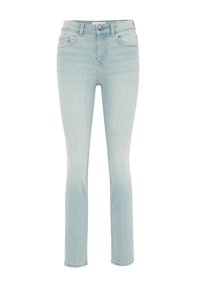 Svetle modré džíny skinny s vysokým pasem, pětikapsovým designem, jemným vyblednutím a rovnou nohavicí.