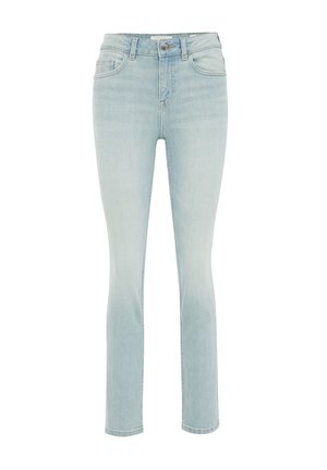 Lys blå denim skinny jeans med høj talje, fem lomme design, diskret fading og lige ben snit.