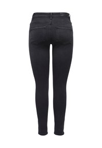 Musta denimin kapeat farkut, joissa on korkea vyötärö, viiden taskun malli ja sileä, joustava kangas. Takakuvassa näkyy kaksi takataskua.