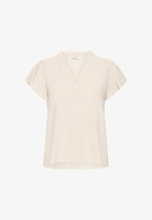 Light beige short-sleeve top with a V-neckline, made from textured fabric. Features a loose fit and soft drape, suitable for casual wear.