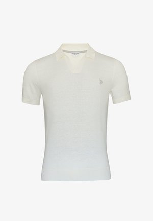 Helles kurzärmliges Polo-Shirt mit V-Ausschnitt, gerippten Bündchen und Saum, mit einem kleinen gestickten Logo auf der linken Brust. Weicher Stoff.