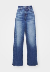 Džínové kalhoty s vysokým pasem a širokými nohavicemi, modré, s předními kapsami, zapínáním na knoflík a zip a s detaily vyblednutí.