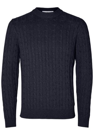 Dark navy sweater with a cable knit pattern, crew neckline, and ribbed cuffs and hem. Made from a soft, textured fabric.
