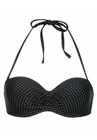 Zwarte bikini-top met een gedraaide detail in het midden, verstelbare bandjes en een stippenpatroon met lichtblauwe accenten. Gladde textuur.