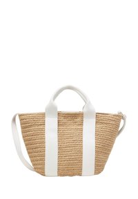 Geflochtene Strohtasche mit weißen Baumwollgriffen, runder Form, strukturiertem Oberflächen und einer seitlichen Tasche mit Reißverschluss.