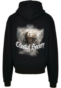 Black hoodie featuring a graphic design of a woman with wings, set against clouds. Text reads "Celestial Society Loyal Allies."