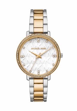 Rundgesichtige Michael Kors Armbanduhr mit gold- und silbernem Metallarmband, Kristall-Stundenmarkierungen und einem mit Logo geprägten weißen Zifferblatt.