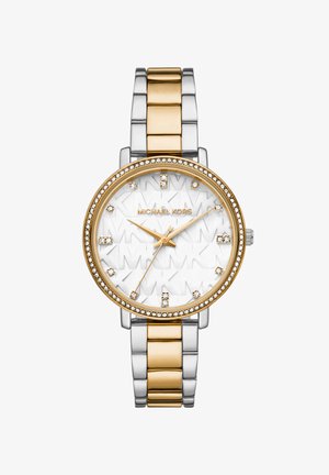 Rundgesichtige Michael Kors Armbanduhr mit gold- und silbernem Metallarmband, Kristall-Stundenmarkierungen und einem mit Logo geprägten weißen Zifferblatt.