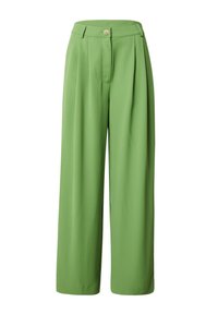 Green wide-leg trousers made of lightweight fabric, featuring a high waist, a front button closure, and pleated design. No pockets visible.